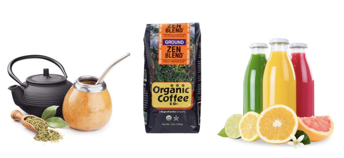 Beverage trends. Image of yerba mate, organic coffee and cold pressed juice.