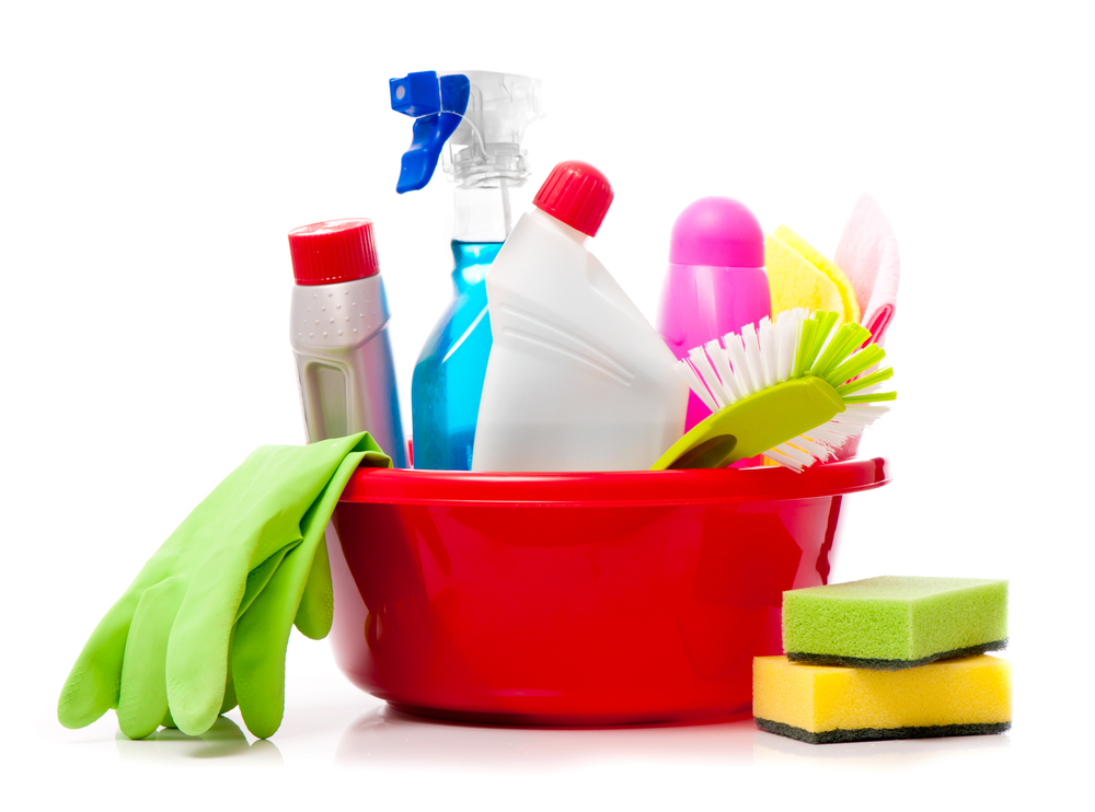 Organic cleaning products for dropshipping. Bucket of cleaners with sponges and rubber gloves.