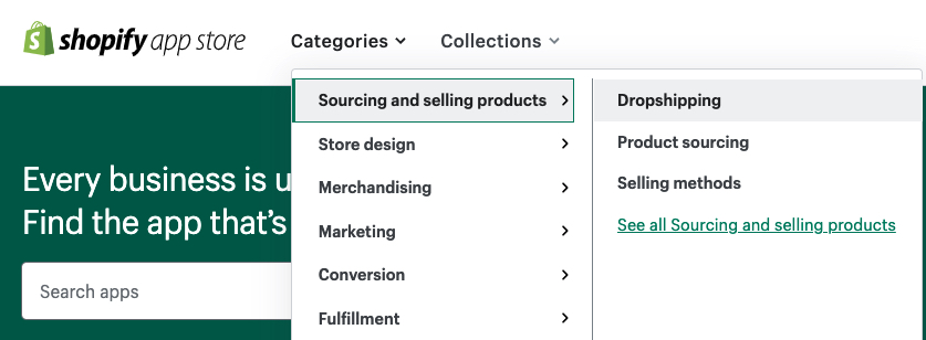 Screen shot of Shopify Marketplace for apps